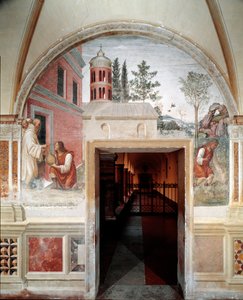 Hur Benedict förvandlas till en vinorm, gömde en tjänare för honom. Detalj - fresk av klädseln gjord av Antonio Bazzi dit il Sodoma (1477 - 1549) som berättar om livet för Saint Benedict of Nursie (480 - 567) grundare av Benediktinerorden 1503 - 1508 Abbey av Giovanni Antonio Bazzi Sodoma