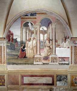 Hur Florent försöker förgifta Benoit (Hur Fiorenzo försöker förgifta den helige Benedictus) - Väggfresk gjord av Antonio Bazzi dit il Sodoma (1477 - 1549) som berättar om livet för Saint Benedict (480 - 567) grundare av Benediktinerorden 1503 - 1508 av Mon