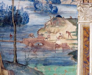 Hur Saint Maur går på vattnet för att rädda Placid (Maurus går på vattnet för att rädda Placid) - Detalj Fresk av klostret gjord av Antonio Bazzi dit il Sodoma (1477-1549) som berättar om livet för Saint Benedict of Nursie (480 - 567) ) Ordens grundare av Giovanni Antonio Bazzi Sodoma