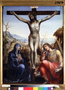 La crucifixion avec la Vierge et Jean Baptiste (Korsfästelsen med Jungfru och Johannes döparen). Inskriptionen ""I.N.R.I."" (INRI) på korset. Målning av Sodoma (eller Giovanni Antonio Bazzi av Giovanni Antonio Bazzi Sodoma