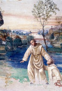 Maur går på vattnet för att rädda St Placid Detail Cloister fresk av Antonio Bazzi dit il Sodoma (1477 - 1549) som berättar om livet för Saint Benedict of Nursie (480 - 567) grundare av Benediktinerorden 1503 - 1508 Abbey of Monte Oliveto Maggiore, Florens av Giovanni Antonio Bazzi Sodoma