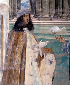 Saint Benedict fixar en trasig såll Självporträtt av konstnären - Detalj Fresk av klädseln realiserad av Antonio Bazzi dit il Sodoma (1477 - 1549) som berättar om livet för Saint Benedict of Nursie (480 - 567) grundare av Benediktinerorden 1503 - 1508 av Giovanni Antonio Bazzi Sodoma