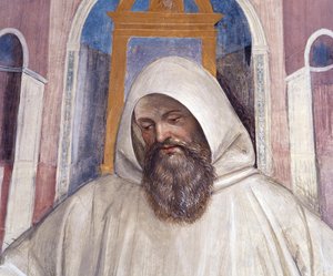 Saint Benedict ger regeln till olivetanimunkarna. Detaljfresk av klädseln gjord av Antonio Bazzi dit il Sodoma (1477 - 1549) som berättar om livet för Saint Benedict of Nursie (480 - 567) grundare av Benediktinerorden 1503 - 1508 Abbey of Monte O av Giovanni Antonio Bazzi Sodoma