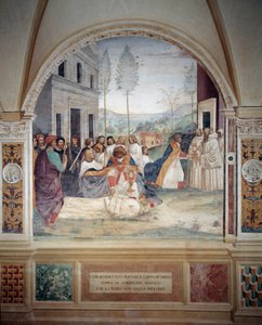 St Benedict bär Kristi kropp på munkens kropp som jorden vägrar att begrava fresk av klädseln gjord av Antonio Bazzi dit il Sodoma (1477 - 1549) som berättar om livet för Saint Benedict of Nursie (480 - 567) grundare av Benediorden av Giovanni Antonio Bazzi Sodoma