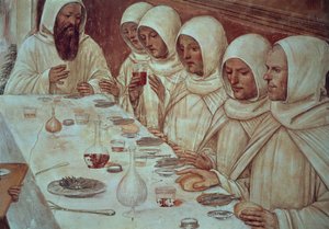 St. Benedictus har fått gott om mjöl och matat munkarna, detalj från St. Benedikts liv av Giovanni Antonio Bazzi Sodoma