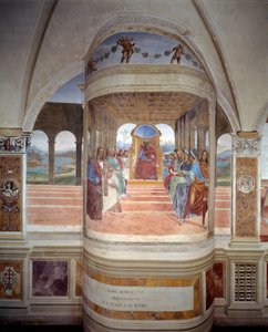 St Benedict lämnar skolan i Rom fresk av klostret producerad av Antonio Bazzi dit il Sodoma (1477 - 1549) och berättar om livet för Saint Benedict of Nursie (480 - 567) grundare av Benediktinerorden 1503 - 1508 Abbey of Monte Oliveto Maggiore ,