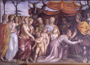 Sala delle Nozze di Alessandro e Rossana Hall av Alexander den stores bröllop 356-323 f.Kr. och Roxanne detalj av Alexander med familjen av Darius III, ca 1513 fresk av Giovanni Antonio Bazzi Sodoma