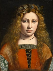 Porträtt av en ung flicka krönt med blommor, c.1490