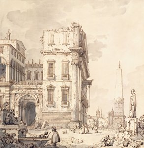 En capriccio av ett venetianskt palats med utsikt över en piazza med en obelisk, av Giovanni Antonio Canal