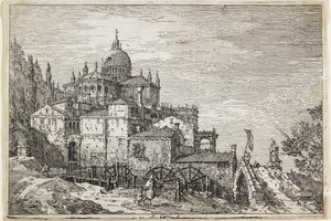 Landskap med en kyrka, hus och en kvarn av Giovanni Antonio Canal