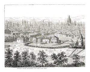 London från Islington City och East End. Från en vy av Canaletti, publicerad 1753 av Giovanni Antonio Canal