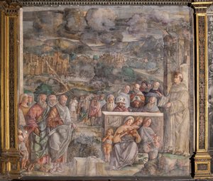 St Anthony anländer till Padua, där han återställer freden mellan medborgarna med styrkan och sötman i sin predikan, School of the Saint av Giovanni Antonio Corona