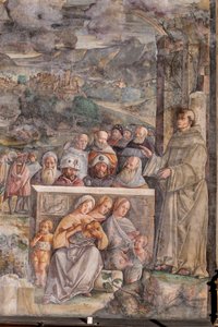 St Anthony anländer till Padua, där han återställer freden mellan medborgarna med styrkan och sötman i sin predikan, School of the Saint, detalj av 2196876 av Giovanni Antonio Corona