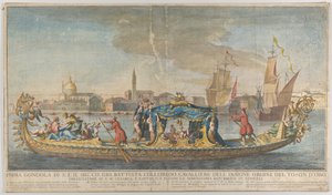Ambassadör Giovanni Battista Colloreados högt prydda första gondol på väg in..., 1720-30. av Giovanni Antonio Faldoni