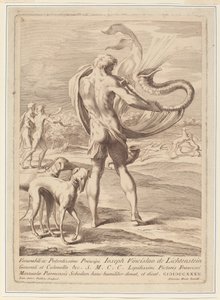 Naken man som blåser en conch av Giovanni Antonio Faldoni after Parmigianino