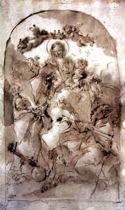 Jungfru och barn med St. Dominic, St. Theresa och St. Coribian, ca 1745 (brun tvätt över röd krita)