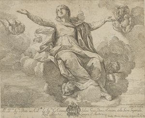 Jungfruns antagande, som sitter i molnen med utsträckta armar, ang..., 1685-1720. av Giovanni Antonio Lorenzini