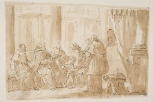En grupp på fem präster som talar med en lekman av Giovanni Antonio Pellegrini
