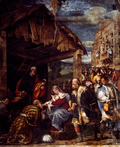Tillbedjan av Magi, ca. 1530, av Pordenone (1483-1484 - 1539), fresk, magiernas kapell, kyrkan Santa Maria di Campagna, Piacenza, Emilia-Romagna. Detalj. Italien