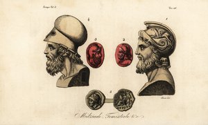Byster och ädelstenar av de atenska politikerna Miltiades den yngre 1,2, Themistokles 3,4 och kung Pyrrhus I 5