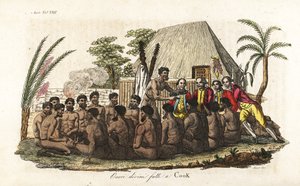 Hawaiianska infödda erbjuder en offergris till kapten James Cook inför 12 präster och en träidol i det heliga Orono-huset. Handfärgad kopparplåt graverad av Sasso efter John Webber från Giulio Ferrario