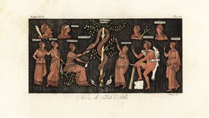 Herakles på sitt 11:e arbete, tar gyllene äpplen från Hesperides trädgård som bevakas av ormen Ladon