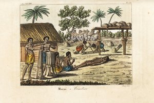Människooffer i en helig marae (Morai) eller kyrkogård, Tahiti. Trummisar till vänster, ett svinbundet offer och två gravgrävare som gräver en grav framför en hög med människoskallar och pilar. Handkolorerad kopparplåt graverad av Sasso efter John Webber f
