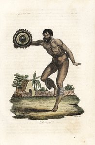 Nakentatuerad man från Hawaii (Sandwichöarna) som dansar för kapten James Cook