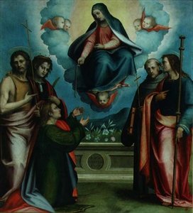 The Virgin of the Sacred Gordle med SS. Thomas, Johannes Döparen, Louis, John Gualberto och Josef (olja på duk)