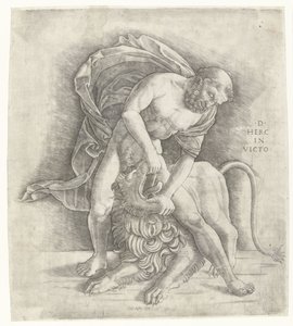 Hercules slåss mot lejonet från Nemean Herkules erövrar det Nemeiska lejonet D HERC IN VICTO (titel på objekt) av Giovanni Antonio da Brescia