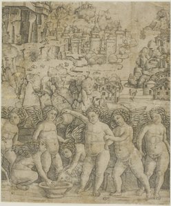 Sju amoriner med två baggar i ett landskap av Giovanni Antonio da Brescia