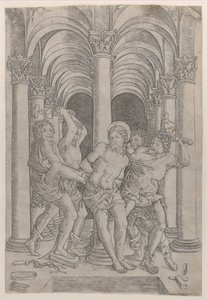 The Flagellation of Christ som är bunden till en kolumn i mitten inställd i en arkad, 1509., 1509. av Giovanni Antonio da Brescia