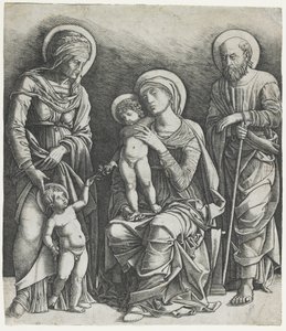 Den heliga familjen med spädbarnet Saint John, ca 1495-1505 (gravyr) av Giovanni Antonio da Brescia