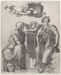 Två kvinnliga figurer som sitter i molnen flankerande en ängel och en annan som flyger ovanför ..., ca. 1510-25. av Giovanni Antonio da Brescia