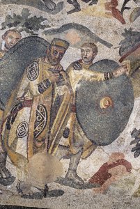 Romersk konst: detalj av mosaiken ""Den stora jaktdelen"". En herre under jakten. 315-350 e.Kr. Piazza Armerina, Villa Romana del Casale. Sicilien, Italien.