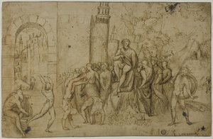 Akrobater som uppträder inför en linjal (recto); Utomhusscen med figurgrupp (verso) av Giovanni Antonio da Pordenone