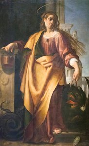 Saint Martha and the Tamed Dragon (olja på panel)