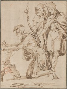 Knästående eremit och två draperade figurer som överväger en skalle av Giovanni Bandini