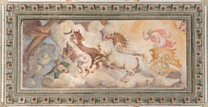The Chariot of the Sun driven av Apollo, Apollo Loggia, ca 1560 (fresk) av Giovanni Battista and Cambiaso Luca Castello