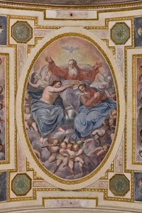 Genua, Duomo (St. Lawrence-katedralen), interiör, Lercari-kapellet eller det heliga sakramentets kapell (norra absiden), valv: "Jungfruns kröning", fresk av Giovanni Battista Castello känd som Bergamasco
