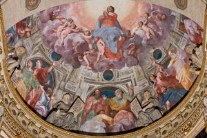 Genua, Duomo (St Lawrence Cathedral), inuti, Lercari-kapellet eller det heliga sakramentets kapell (norra absid), absid: "Jungfruns antagande", fresk av Giovanni Battista Castello känd som Bergamasco