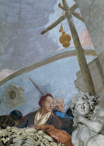 Ett självporträtt visar en utmattad, mycket åldrad Tiepolo som böjer sig över hörnkartuschen ... (fresco)