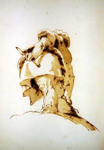En stående man sedd bakifrån, håller en batong och sträcker sig efter en säck (penna & brunt bläck med brun tvätt på papper) av Giovanni Battista Tiepolo