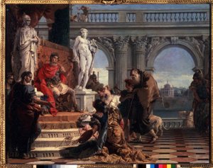 Maecenas presenterar konsten för Augustus. Caius Cilnius Maecenas (eller Mecene) (cirka 70 f.Kr.-8 f.Kr.) romersk politiker som ägnade sin förmögenhet och sitt inflytande åt att främja konsten och bokstäverna bland av Giovanni Battista Tiepolo