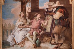 Palazzina (liten byggnad): andra rummet eller rummet i Ariosto med fresker som representerar avsnitt från "Orlando Furioso": "Angelica och Medoro i herdarnas hus" av Giovanni Battista Tiepolo