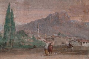 Palazzina: Ansicht des ersten Raums und seiner Fresken aus der Ilias: Amor mit Pfeilen fliegt über eine venezianische Landschaft (Detail)