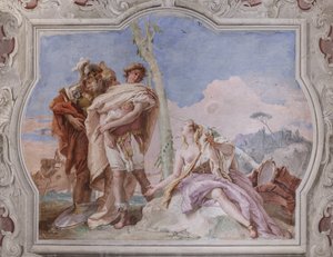 Palazzina (liten byggnad): utsikt över det fjärde rummet eller Torquato Tasso, med freescoes som representerar avsnitt av "Jerusalem Delivered": "Rinaldo, eskorterad av Ubaldo och Carlo, överger Armida" av Giovanni Battista Tiepolo
