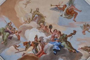 Triumph of Glory tillkännagav av Fame som står bland kardinaldygderna av Giovanni Battista Tiepolo