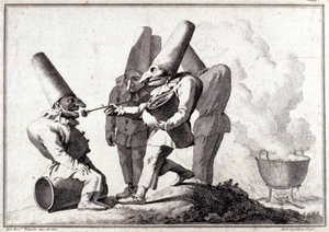 Gruppen av Pulcinella (italienska Polichinelle). Ritning i penna och tvätt på pennmärke av Giovanni Battista (Giambattista) Tiepolo (1696-1770). av Giovanni Battista Tiepolo