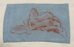 Studie av en vänsterhand, ca 1750-1754 (röd krita med stämpel på blått lagt papper) av Giovanni Battista (attr. to) Tiepolo